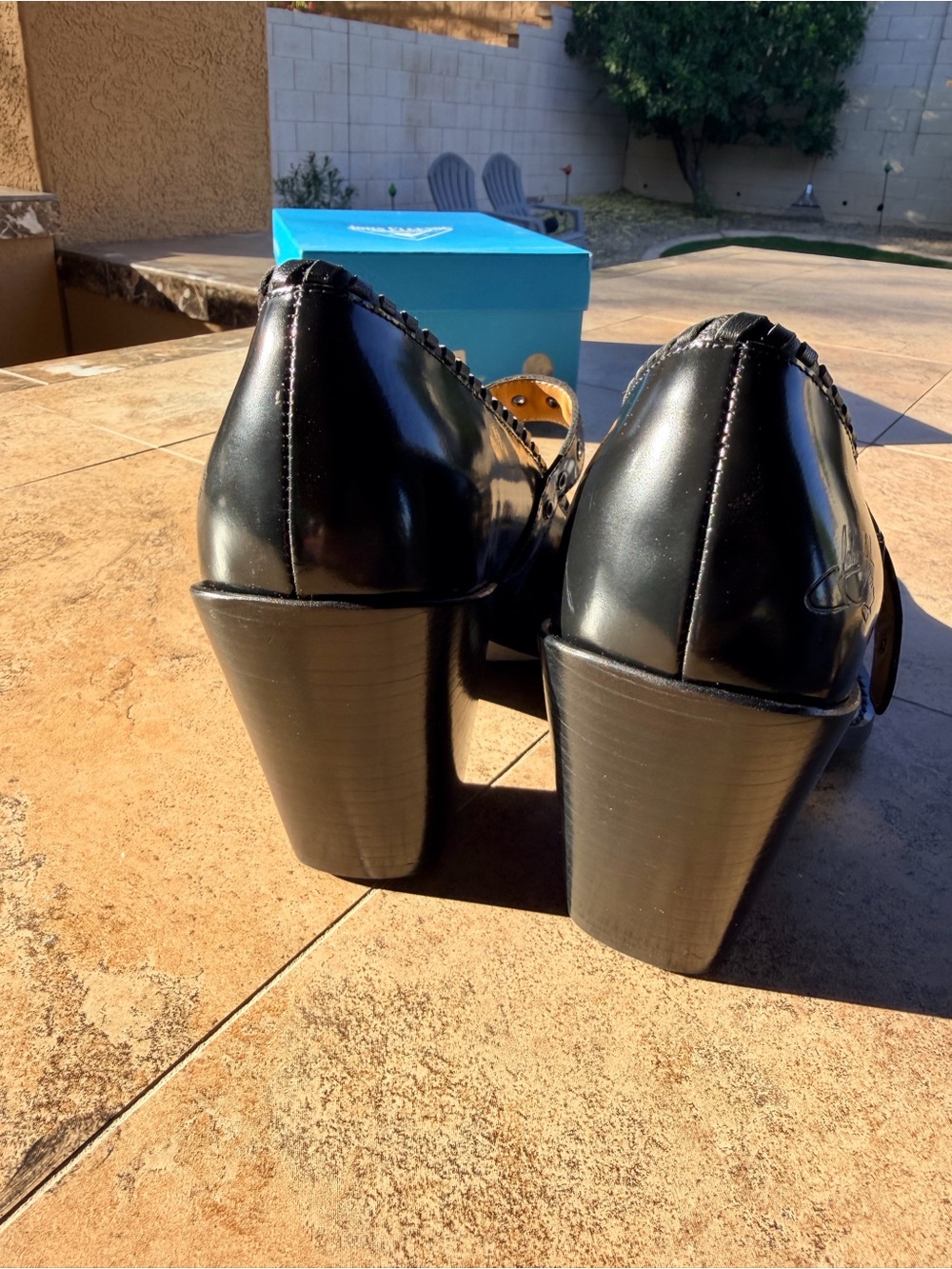 John Fluevog Shiny Black Pointed Mary Janes with Buckle Strap - Picture 3 of 5